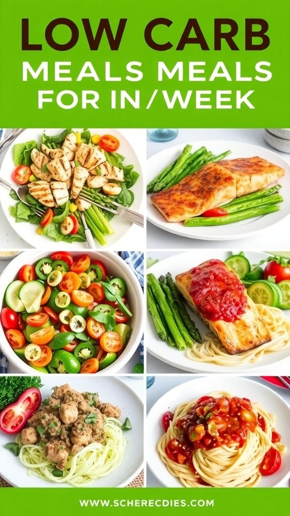 A week of low carb meals including salads, grilled meats, and vegetable dishes.